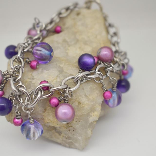 Purple Pink and Blue Glass Bead Dangle Charm Bracelet